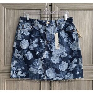 NWT Anne Klein Blue Denim Floral Pocket  Skirt Womens Size 12 Raw Hem